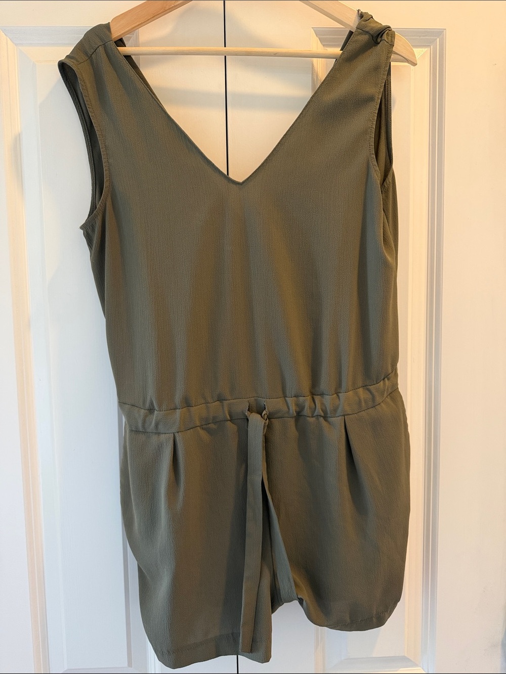 Zara Olive Sleeveless V-Neck Romper with Waist Tie